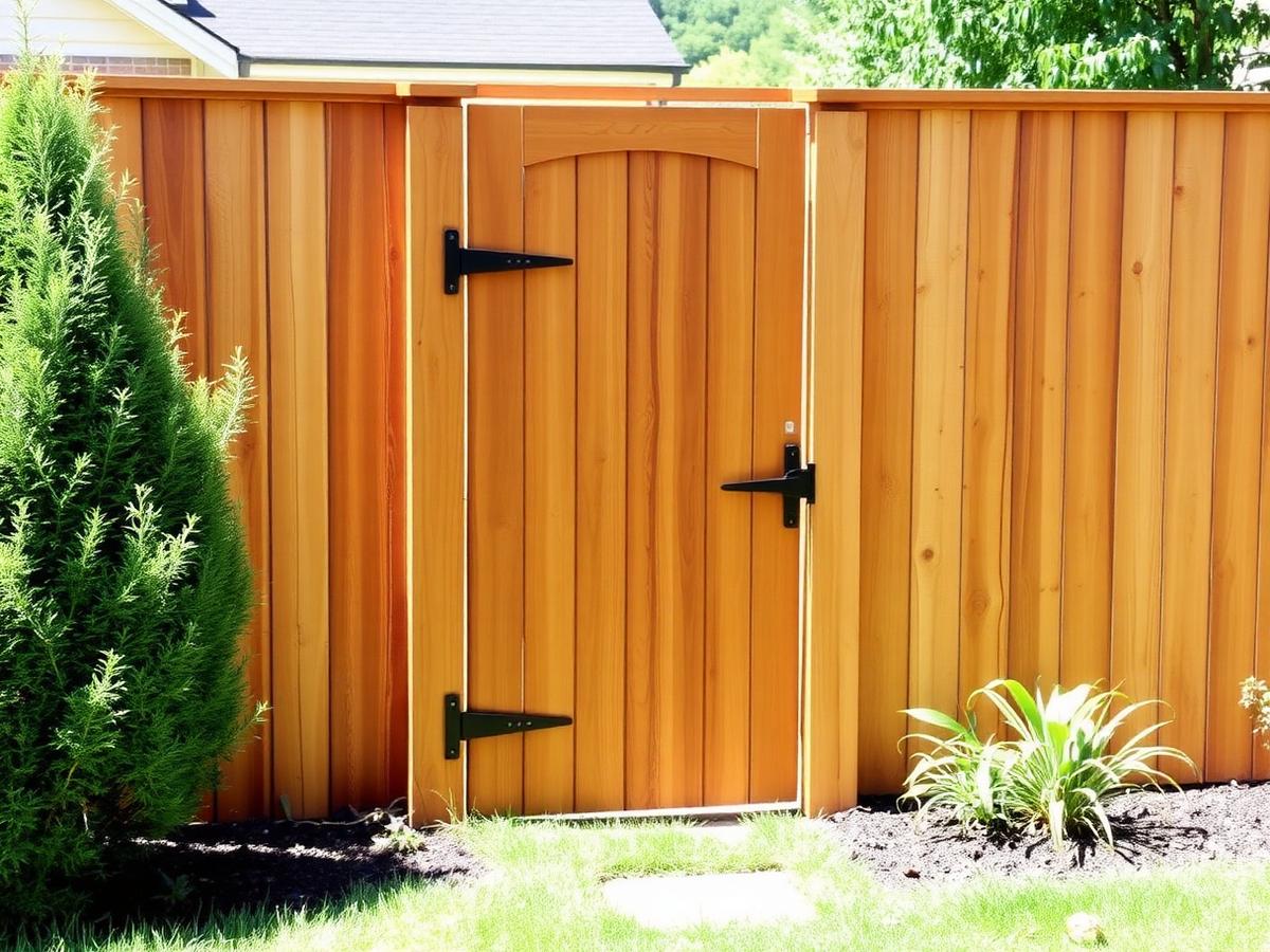 Wooden garden gate set into a cedar privacy fence